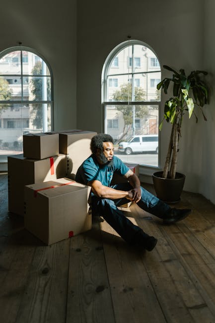 A man with curly hair and medium skin tone, wearing a blue t-shirt and dark jeans, sitting on a wooden floor in a room illuminated by natural light from large, arched windows. He is surrounded by several sealed cardboard moving boxes of various sizes, some with red packing tape, indicating a home relocation process. Behind him, there is a large potted plant with long, broad leaves positioned near the window. The scene appears to be part of a furniture transport or packing and moving operation, with the man resting amid ongoing packing or loading activities. The room has white walls and a high ceiling, and the environment suggests an interior space prepared for a professional removals service, such as that offered by Man and Van New Malden.