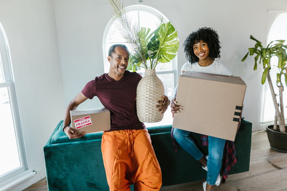 A man and a woman are indoors in a bright, modern living room with white walls and large arched windows. The man, wearing a maroon t-shirt and orange trousers, is smiling and holding a small cardboard box marked 'fragile', along with a large decorative ceramic vase containing a tall green plant with broad leaves. The woman, wearing a white top and blue jeans, is sitting on a green sofa and holding a medium-sized cardboard box wrapped with packing tape. Behind her is a tall potted plant with long, slender leaves, and the room is well-lit with natural daylight. This scene depicts a home relocation process, with furniture and packing materials prepared for moving, and reflects the services provided by [COMPANY_NAME], such as packing, furniture transport, and house removals in the context of a move from a KT3 flat as described on the page about the New Malden removals guide.